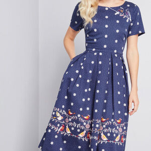 ModCloth Navy Blue Bird & Snowflake Midi Dress